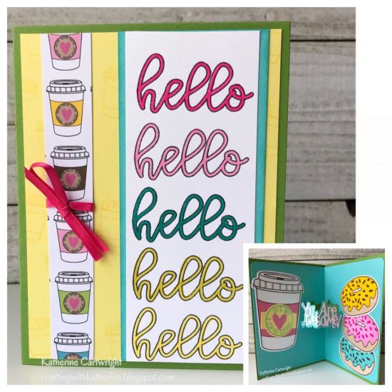 Hello 3-D card
I stamped Hello several times with licorice archival ink and colored with TSOL markers.
Keywords: donuts2stamp coffee4two SizzixDrop-ins