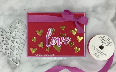The hearts come from the Heart Background die. I cut it from foam and added gold foil. 
Keywords: StatementWords