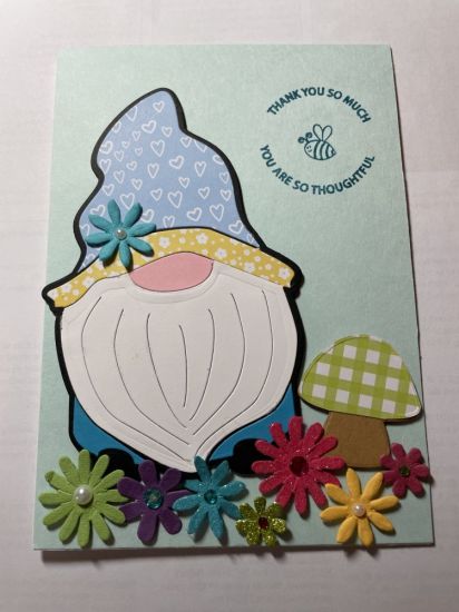 Gnome 5x7 Card
Gnome fold it with mushroom added to a 5x7 base.  Stamped sentiment
Keywords: Gnome, mushroom, thank you , 5x7 card, fold it