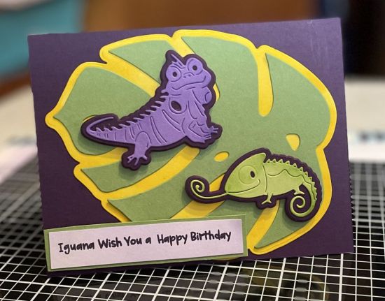 Birthday 
Birthday card using the dies from the crazy critter class. 
Keywords: Birthday crazy critter lizard reptile iguana chameleon 