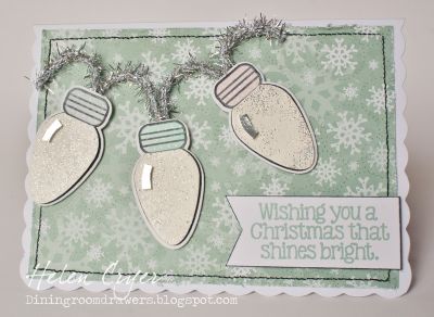 *Christmas that shines bright
I added some thin tinsel for the wire, and added an extra bulb layer on foam pads, which I heat embossed with glittery embossing powder. The little silver 'reflection' marks were cut by hand, and added with more foam pads. 
Keywords: lights4Christmas 