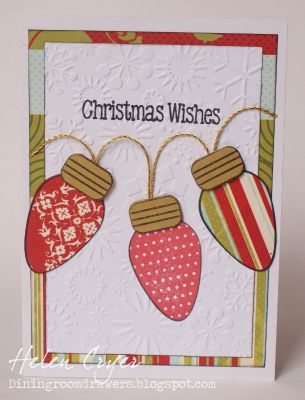 *Snowy Christmas Wishes
A mixture of stamped and patterned paper bulbs, on a snowy embossed background.
Keywords: lights4Christmas 