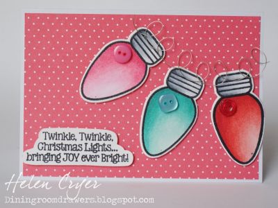 *Bright Lights
The stamped bulbs are coloured with Copic markers, with thin wire coiled round a pen, then flattened and attached with glue.
Keywords: lights4Christmas 