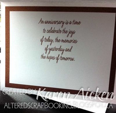 Unusual Anniversary Card - inside
Here is the lovely anniversary verse from the stamp set, layered on bronze stardream.
Keywords: Anniversary, trees, nature,