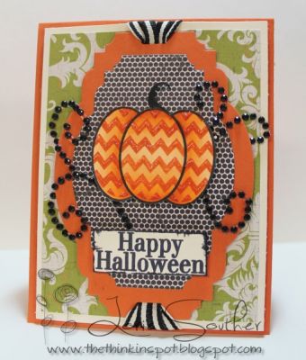 Whimsical Happy Halloween
Contrasting patterns, and a bit of glitter on the zig-zag pattern give this card a wonderful whimsical look.
Keywords: pumpkins2cut