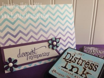 Deepest Sympathy
Mini flower dies made the perfect embellishments for this sympathy card.  Details on my blog: http://www.haystackcards.com/2014/08/deepest-sympathy.html
Keywords: sympathy, flowers, stencils, distress inks, chevron