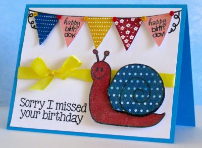 Missed your B'day snail
This a belated birthday card. I stamped the little snail and then covered him with glitter. He is so sparkly!
Keywords: banners4all