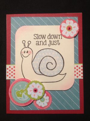 Snail Mail
One of my first cards made. I used the Snail stamp from Stephanie and various papers I had here. Enjoy! was the inside sentiment.
Keywords: Snails, slugs, stamps