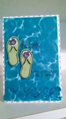 Relax
use flip flop 2stamp and die  ,pattern paper  ocean be was  glitter pen and  use glaze pen  
