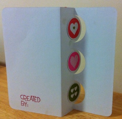 Valentines Day card (back)
Triple circle flip-its card. Love2hug, icons4us & created4you stamp sets. Misc: patterned paper, white Cardstock 
