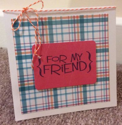 For My Friend Card
For My Friend Card

Stamp Sets:
Brackets2cut
Created4you

Inks:
Cornflower ink from Stephanie Barnard and The Stamps of Life

Misc:
Patterned Paper, white card stock and pink card stock
Orange and white twine
