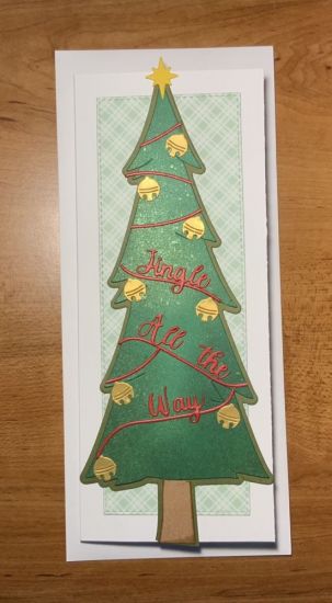 Jingle Tree
Slimline tree fold-it. Star from manger fold-it. Sep 2022 paperpad. Bells gold Pearl paper. Green  Mica spray on tree.
