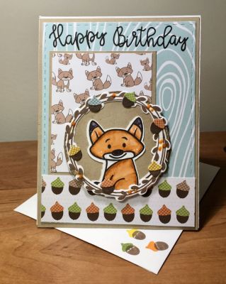 Happy Birthday foxy Lady!
Wreath2stamp stamp and dies. Fox2stamp. Love Life collection pattern paper. Crazy but true the acorn top die in Wreath2stamp dies fits exactly on the acorn top of pattern paper in love life collection. Inside of card say foxy lady!
