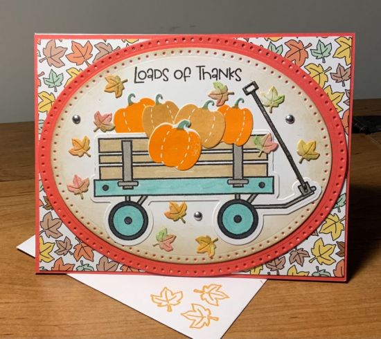 Loads of thanks
Keywords: Wagon2stamp and dies, always thankful paperpad, small leaves from A1 small scallop die set