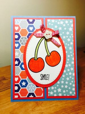 Smile ( Inside) Wishing you a cherry-ful day
Cherries2stamp
Laugh collection papers
Strawberry and kiwi ink
Wink of stella
Button and ribbon from card kits
