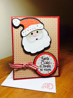 Santa is coming to town 
Santa2stamp dies
Happy Holidays pattern paper
Sep 2016 kit stamp and ribbon
Stitched rectangle die
Stitched circle die
