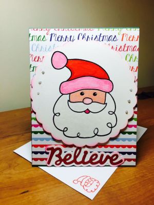 Believe
Santa2stamp
Hohoho pattern paper
April 2016 card kit believe die
Stamps of life markers for coloring
Glitter pen

