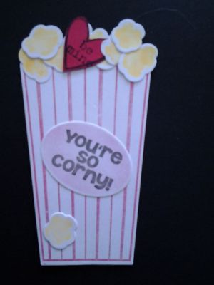 Popcorn2stamp Valentine's Day Card
Valentine day card for child with a heart stating "be mine" in the popcorn and then Happy Valentine's Day stamped on the inside. The popcorn box die was used to make the card base which opens.
Keywords: popcorn2stamp and popcorn die