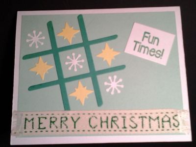Christmas Fun card
Christmas and the holidays were always a fun game time at our house as there was no homework and the kids were out of school for a couple weeks. The tic tac toe stamp set reminded me of all the fun times we had playing board games, card games, etc.
