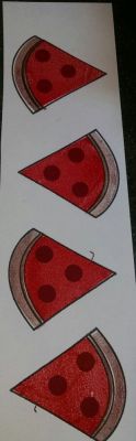 Pizza slices
Made pizza slices to use to a  make card or two later, using watermelon set, the pepperoni is the gumball stamp using raspberry ink. I will use the ribbon from the cross to make "ribbons" of cheese...  
Keywords: Watermelon pizza