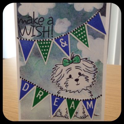 Make a Wish
For the background paper, I used sky, blueberry, spearmint, & licorice ink pads & masked clouds from the popcorn2stamp & kites2fly sets.
