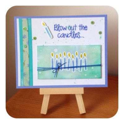 Blow out the candles
I wanted to see if I could use drops of water with TSOL stamp pads (celery, spearmint, & sky blue) to distress paper & it worked great!  I sponged the inks & sprayed & dropped water to the paper.  The speckles of ink on the white paper were from using a paint brush, diluting the brush with water & tapping the brush to get small splashes on the paper & I lightly misted water onto the sentiment for an even further distressed look. Luv the results & versatility of TSOL ink pads!
