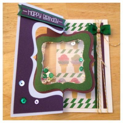 Birthday Shaker/Flip
This is my 1st shaker card.  I used supplies from Dec & Jan card kit club.  I made the bow using the green ribbon & yellow twine from Jan's kit.  I also added glitter to the ice cream on the card stock.
