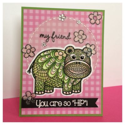 Hip Friend
Doodle hippo with alcohol markers on TSOL cardstock.  Doodle flowers on vellum paper & colored with same markers.
