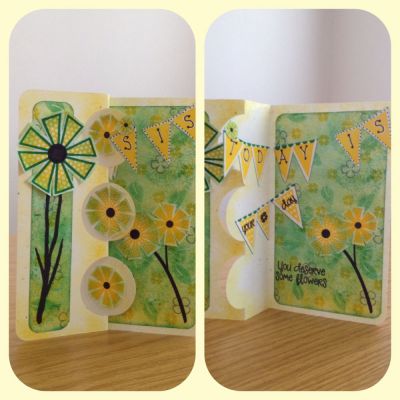 Mom's day 4 SiS
The background paper was made using banana, spearmint & grape ink pads on white paper.  I made the specks of color using a make up brush & stamped leaves & flowers from both the crazy4Daisies & branches4flowers.  The dots on the flowers were from the calendar2build set & I used the licorice ink pad.
