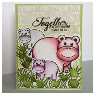 Together is Hip!
Baby hippos water colored and red hippo colored with prismacolor pencils. Tictactoe2play stamps, Feb2016kitclub stamp, happymai2stamp dies, Sizzix circle die.
