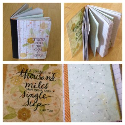 Personalized pocket notebook
3 1/4 x 4 1/2 pocket notebook, stamps from Feb2015 cardkit, mustard/artichoke/pumpkin ink pads using 1st/2nd/3rd generation stamping technique.  I wrote the hand scripted quote which was an inspiration taken from following designer Kristina Werner on Instagram.
