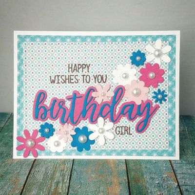 Birthday girl
Birthday statement word stamp and die set. Stitched rectangle die set. Tsol mini flower dies. Tsol papers. 
