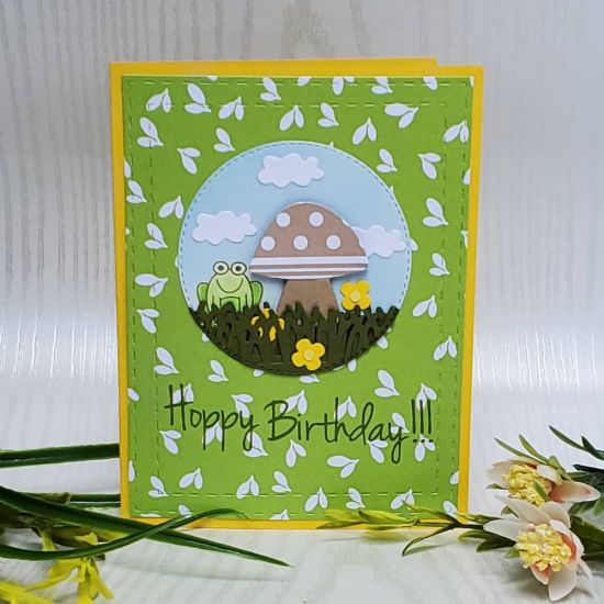 hoppy birthday
little mushroom from the mushroom fold it, grass die, cloud dies from lighthouse2stamp, stitched only rectangle dies, stitched circle dies, frog from postage2stamp, froggy2love
Keywords: postage2stamp froggy2love