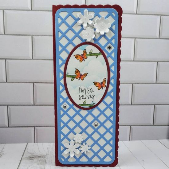 I'm sorry
Birdbath2stamp. Lattice slimline die. Dotted Oval dies. Sympathy stamps. Mini flower dies
