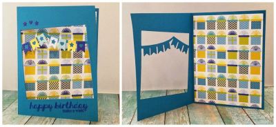 *birthday
sizzix banner drop in die set. sizzix drop in card front. tsol papers. sizzix birthday stamps

