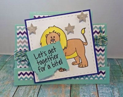 *let's get a bite
lion2stamp. sizzix you are so kind step up. square stitched border die. scallop die for "bite". tsol papers, markers, inks..
