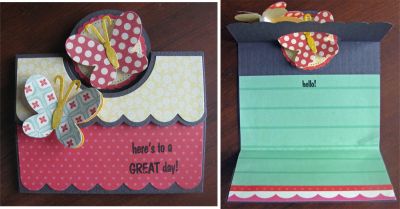 great day!
circle framelit flip it die partially used (like in Stephanie's gate fold video) to create tri fold card.  Butterfly triplit dies.  stamps from hot4balloons stamp set.
