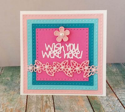 wish you were here
sizzix dotted squares. sizzix drop in square card front die set. sizzix thoughtful words die
