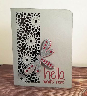 *what's new
half card panel. sizzix triplit dragonfly. sizzix hello stamp 
