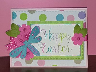 *Happy Easter
stitched rectangle set. dragonfly triplits. mini flowers. tsol papers, brads, ribbon.  tsol custom inkpad.
