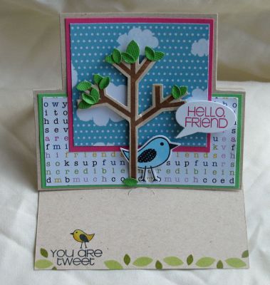 *hello friend
sizzix birds and tree stamps and dies set.  sizzix xl square stand up die. TSOL paper.

