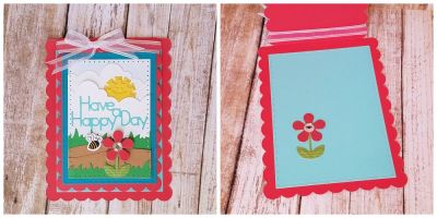 have a happy day
sizzix card scallop drop in. stitched rectangle dies. dotted rectangle dies. border dies. bee4me stamp/die. flowers with stems dies. and sun from the sizzix tree step up card die set
