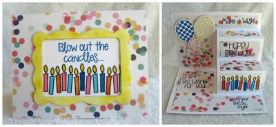 *Happy Birthday!
step up card folded to make steps inside.  glued to cardstock card base to create "pop up" card.  candles4birthdays.  balloons2cut stamp set
