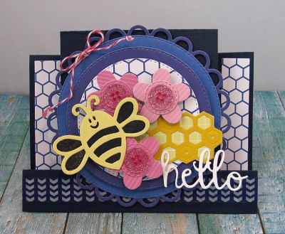 *hello
kindness step up card di set.  sizzix scallop circle.  stitched circle dies.  bee triplits. flower triplits. hello from notebook die set. all papers and embellishments TSOL.
Keywords: step-ups