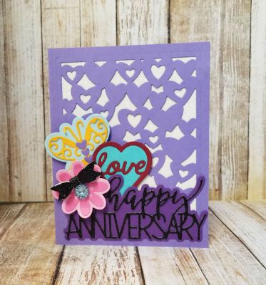 happy anniversary
happy anniversary trendy word dies. sizzix lovely drop in. sizzix A2 half card
