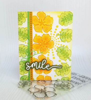 smile
tropical2stamp, background die from the 3dpop up drop in die set used as a stencil, smile hsn exclusive word die set, ribbon border die
