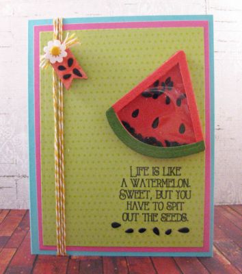 *watermelon shaker
watermelon2stamp stamps and dies for a shaker card.  I also used the TSOL mini flower die set for flower.  The banner is a wood banner found in the TSOL shop, inked and die cut seeds glued on.
