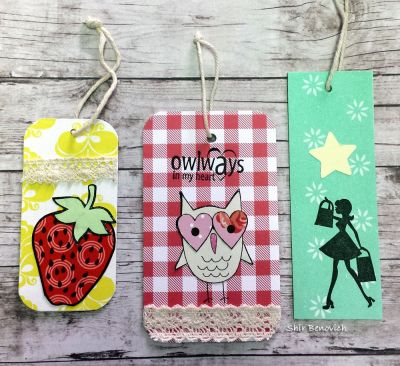 Upgrade for clothes tags
I took some tags from clothes I bought, adhered patterned paper & cute stamps :-)
