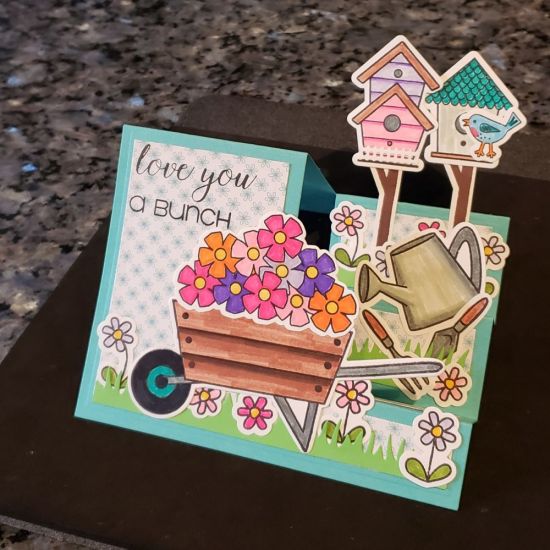 Love you a bunch
Flower garden themed step up card
Keywords: Step up wheelbarrow birdhouses garden flowers