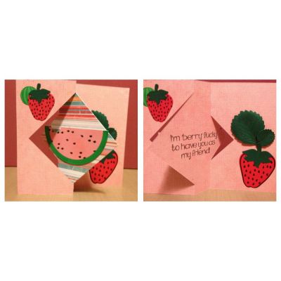 Use the strawberry as they are. Then used the strawberry seeds to create the watermelon. Also used the smallest hot air balloon stripes cut a circle and used as a small round watermelon. 
